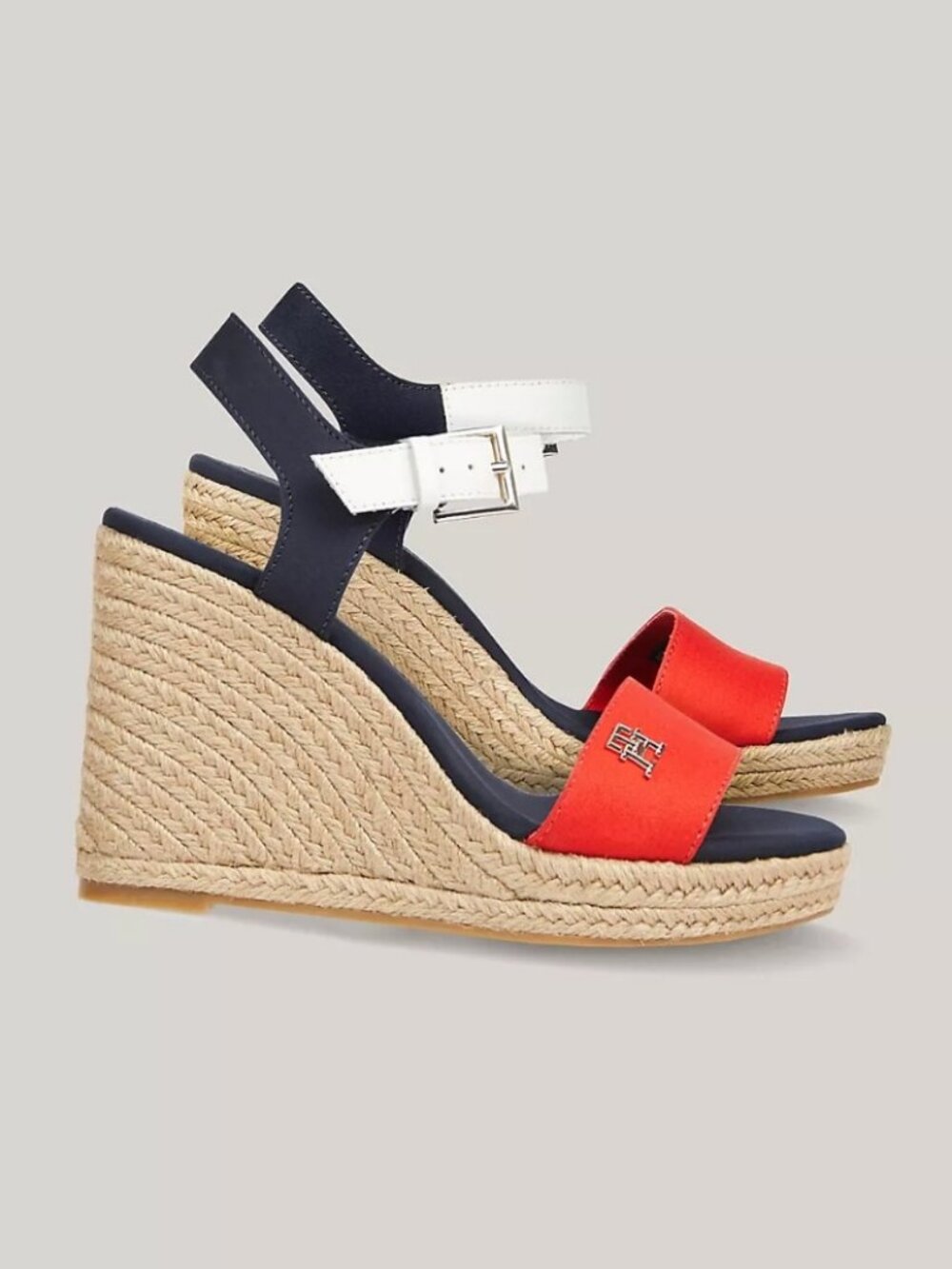 NEW Cond Tommy Hilfiger Colorblock Wedge Espadrille Sandals 9 Nautical Jute Red